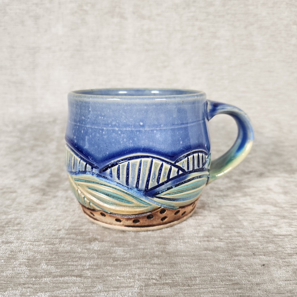 Studio Art Pottery Mug Blue Glaze Mountains Stamped Design Bottom 12oz Handmade
